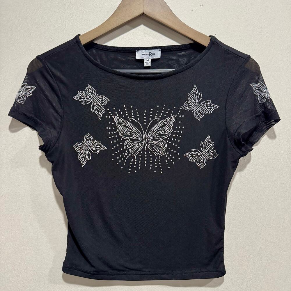 Faded Rose Black Sheer Mesh Rhinestone Butterfly Crop Top Tee Medium Y2K